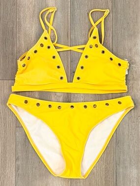 Yellow Stud-Accent Kids One-Piece Bikini Set